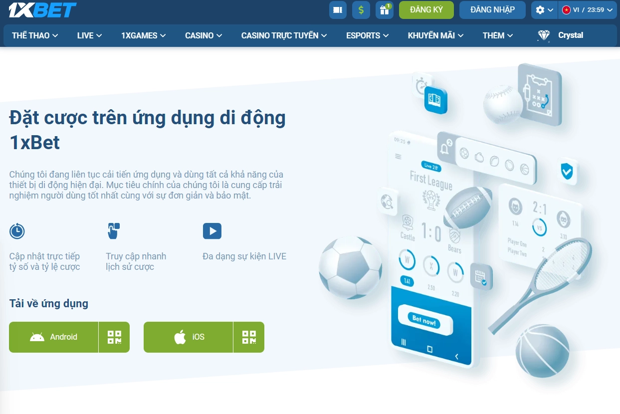 Giao diện cá cược trên ứng dụng di động 1xBet